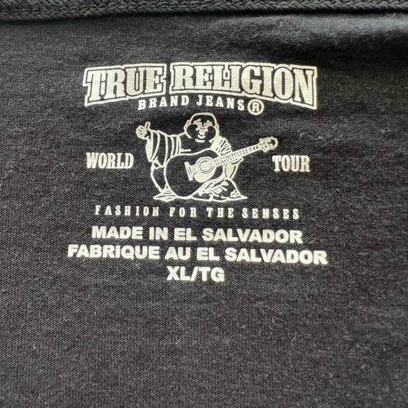 True Religion black foil horseshoe rose gold C short sleeve top cage stretch XL - Picture 3 of 8